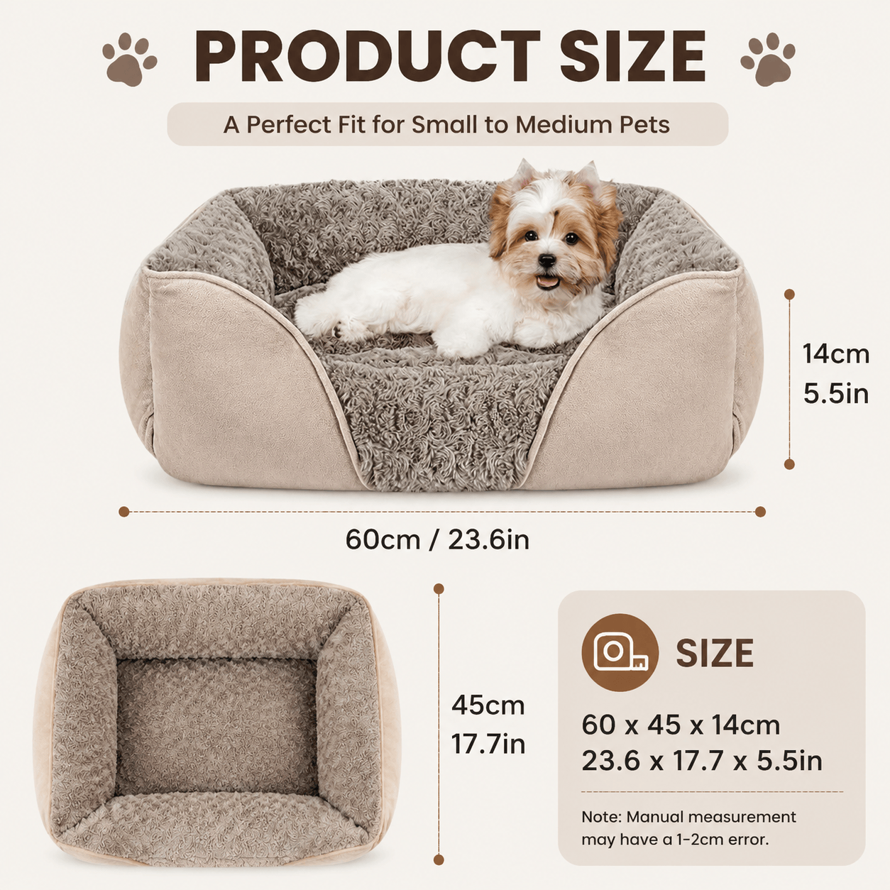 Camel Small & Medium Pet Bed - Washable Rectangle Dog Bed with Bolstered Walls and Anti-Slip Bottom, S (60×45×14cm)
