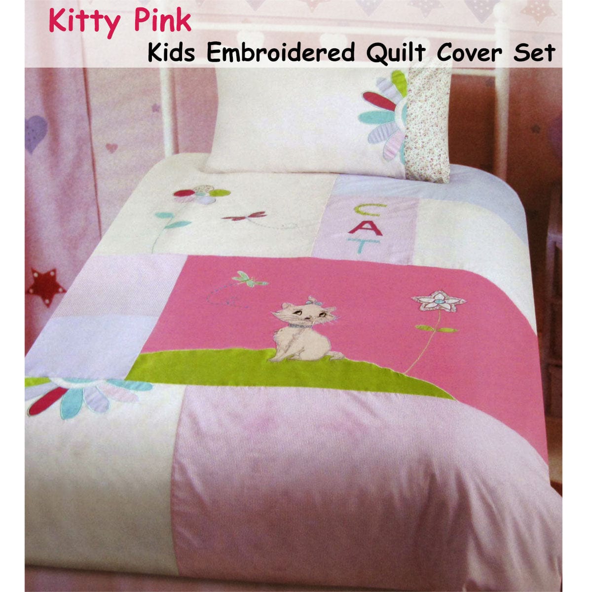 Spud Jax Petshop Kitty Cat Embroidered Quilt Cover Set Single Home & Garden > Bedding > Duvet Covers