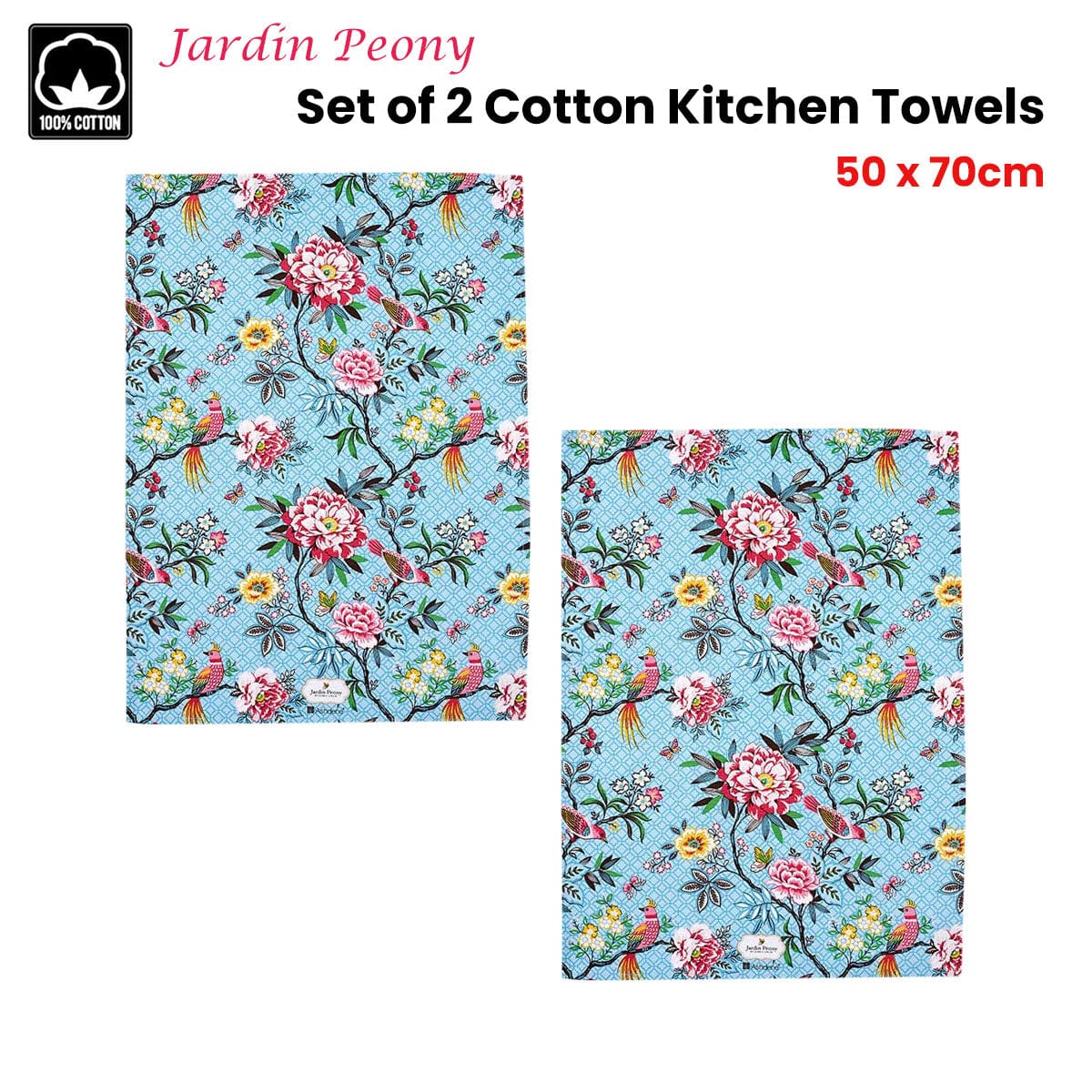 Spud Jax Petshop Set of 2 Jardin Peony Cotton Kitchen Tea Towels 50 x 70 cm Home & Garden > Kitchenware > Table Linen & Kitchen Towels