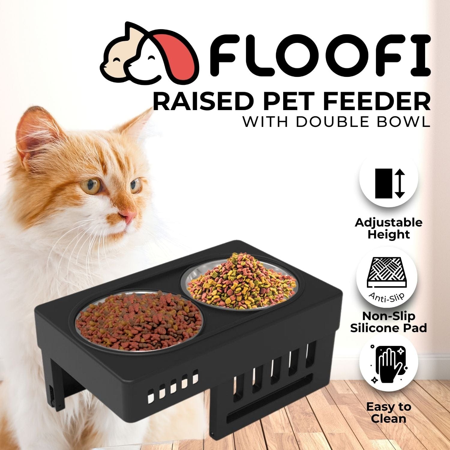 Spud Jax Petshop FLOOFI Elevated Raised Pet Feeder with Double Bowl (Black) FI-FD-119-SY Pet Care > Dog Supplies