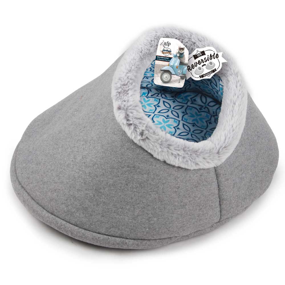 Spud Jax Petshop Igloo Cat Bed Reversible Cave - Grey Retro Vintage Faux Felt Fabric - AFP Pet Care