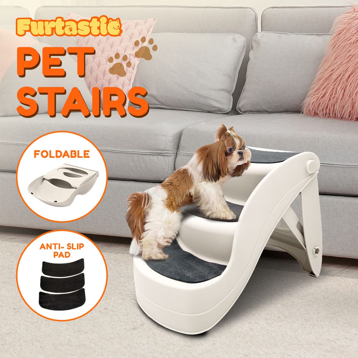 Spud Jax Petshop Furtastic 38cm Foldable Pet Stairs Ramp - White Pet Care > Dog Supplies