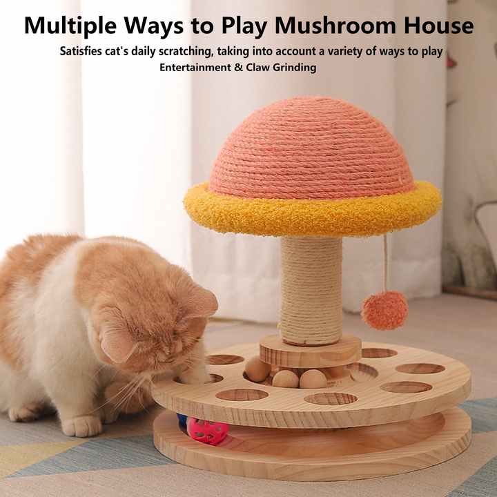 Large Pink Interactive Cat Scratching Post with Ball Track – Fun Mushroom-Shaped Cat Toy for Play, Scratching, and Entertainment