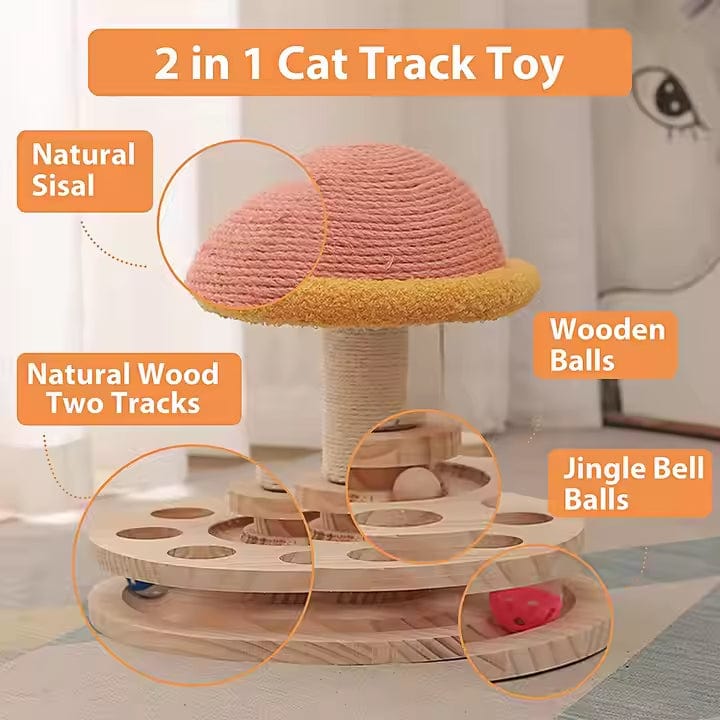 Small Pink Interactive Cat Scratching Post with Ball Track - Fun Mushroom-Shaped Cat Toy for Play, Scratching, and Entertainment