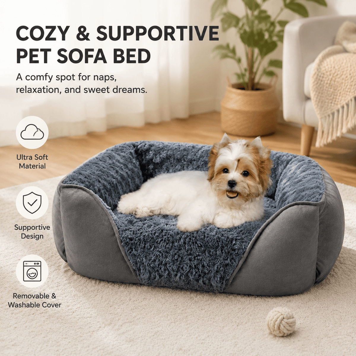 Grey Small &amp; Medium Pet Bed - Washable Rectangle Dog Bed with Bolstered Walls and Anti-Slip Bottom, S (60×45×14cm)