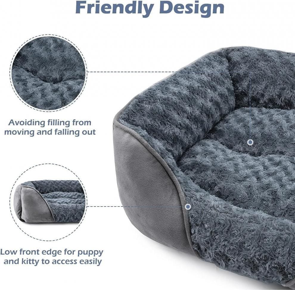 Grey Small & Medium Pet Bed - Washable Rectangle Dog Bed with Bolstered Walls and Anti-Slip Bottom, S (60×45×14cm)