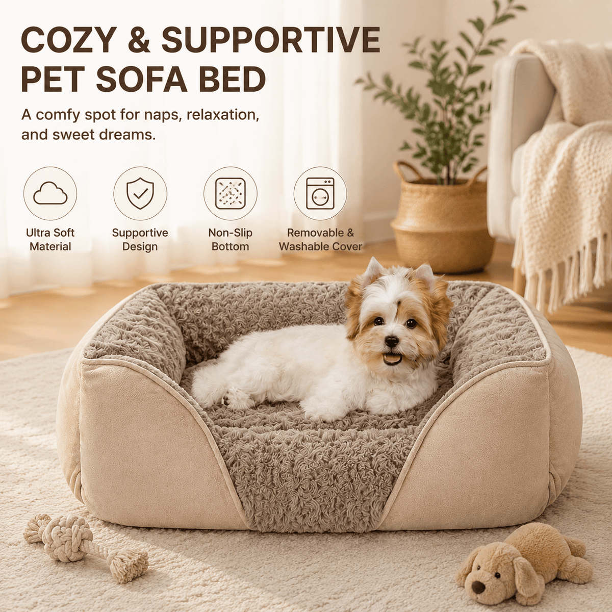Camel Small &amp; Medium Pet Bed - Washable Rectangle Dog Bed with Bolstered Walls and Anti-Slip Bottom, S (60×45×14cm)