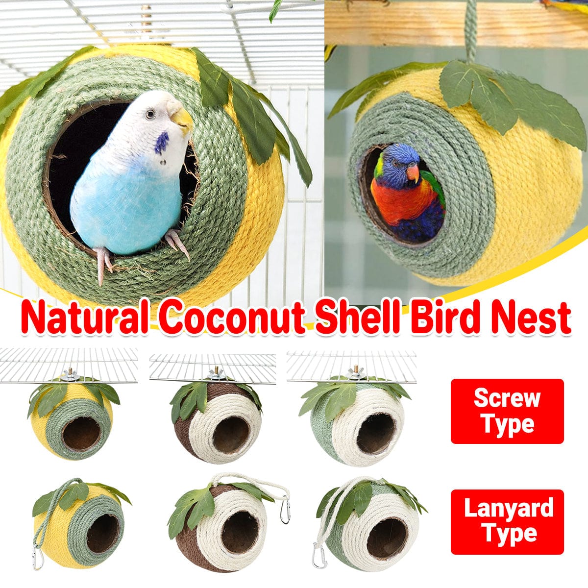 Spud Jax Petshop Bird Nest Parrot Nest Coconut Shell Braided Twine Colourful Cage Hanging Bed - White-Brown-Screw Model Bird Nest Parrot Nest Coconut Shell Braided Twine Colourful Cage Hanging Bed - White-Brown-Screw Model Pet Care > Bird > Bird Cage Accessories