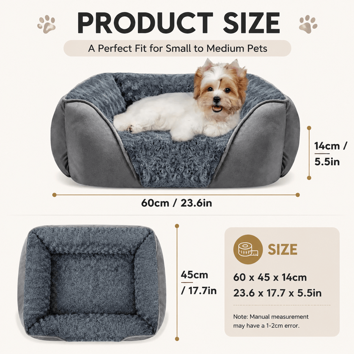Spud Jax Petshop Grey Small & Medium Pet Bed - Washable Rectangle Dog Bed with Bolstered Walls and Anti-Slip Bottom, S (60×45×14cm) Grey Small & Medium Pet Bed - Washable Rectangle Dog Bed with Bolstered Walls and Anti-Slip Bottom, S (60×45×14cm) Pet Care > Dog Supplies > Dog Beds