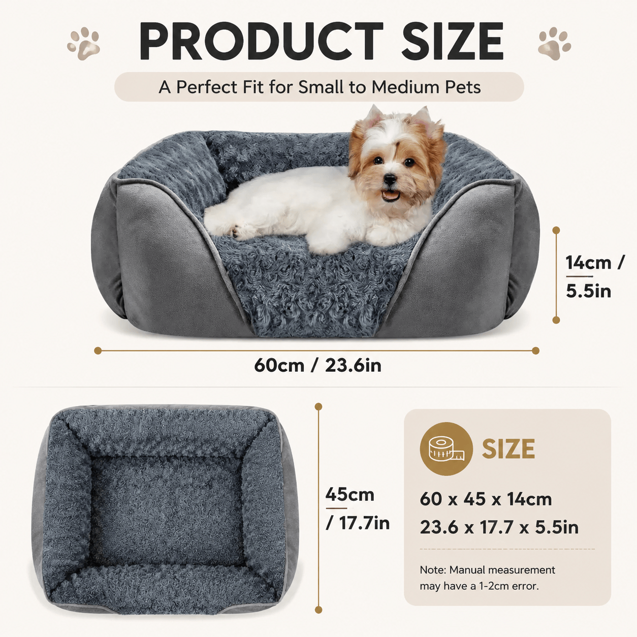 Spud Jax Petshop Grey Small & Medium Pet Bed - Washable Rectangle Dog Bed with Bolstered Walls and Anti-Slip Bottom, S (60×45×14cm) Grey Small & Medium Pet Bed - Washable Rectangle Dog Bed with Bolstered Walls and Anti-Slip Bottom, S (60×45×14cm) Pet Care > Dog Supplies > Dog Beds