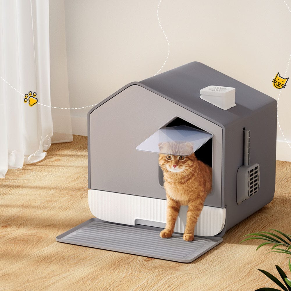 Spud Jax Petshop i.Pet Cat Litter Box Large Tray Kitty Toilet Fully Enclosed House Hooded Scoop Mat Grey Pet Care > Cat Supplies > Cat Litter