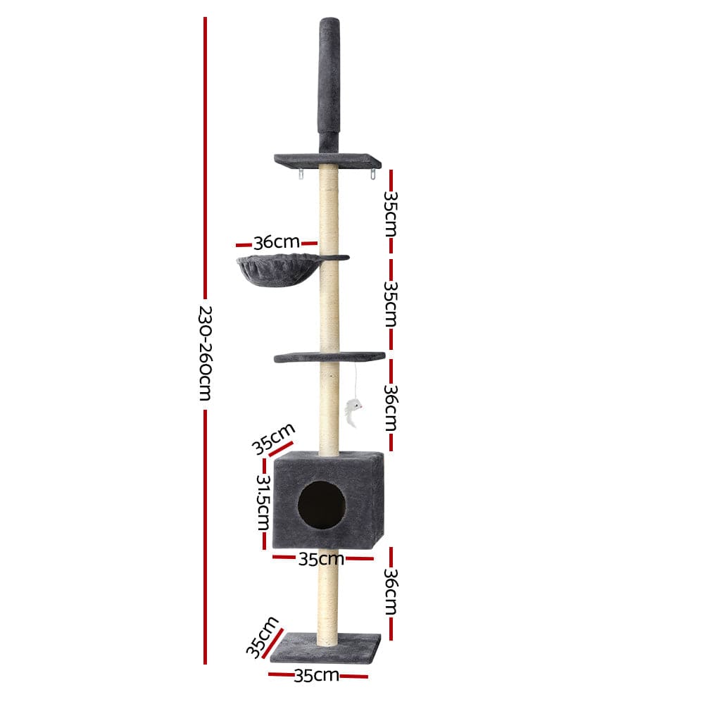 Spud Jax Petshop i.Pet Cat Tree 260cm Tower Scratching Post Scratcher Floor to Ceiling Cats Bed Dark Grey Pet Care > Cat Supplies > Cat Scratching Posts