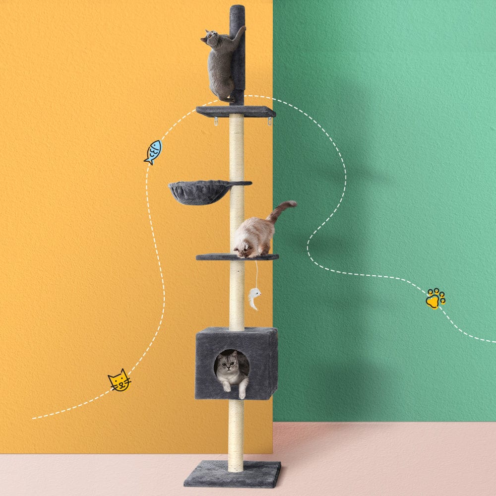 Spud Jax Petshop i.Pet Cat Tree 260cm Tower Scratching Post Scratcher Floor to Ceiling Cats Bed Dark Grey Pet Care > Cat Supplies > Cat Scratching Posts