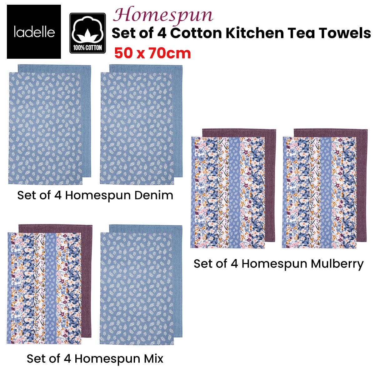 Spud Jax Petshop Ladelle Set of 4 Homespun Cotton Kitchen Tea Towels 50 x 70 cm Mix Home & Garden > Kitchenware > Table Linen & Kitchen Towels