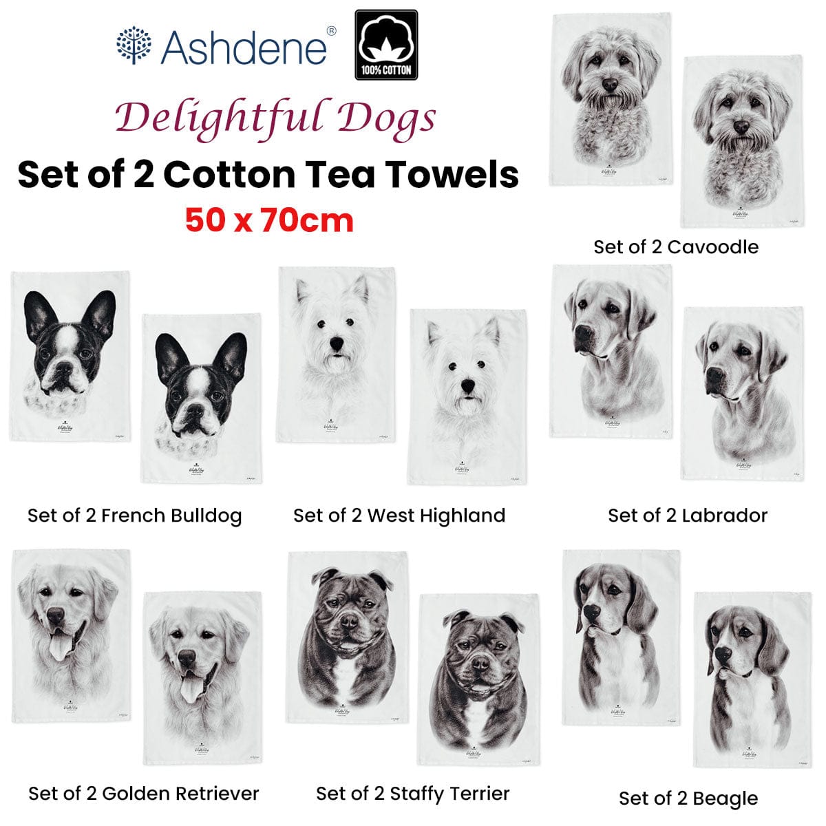 Spud Jax Petshop Set of 2 Delightful Dogs Cotton Kitchen Tea Towels 50 x 70 cm Golden Retriever Home & Garden > Kitchenware > Table Linen & Kitchen Towels