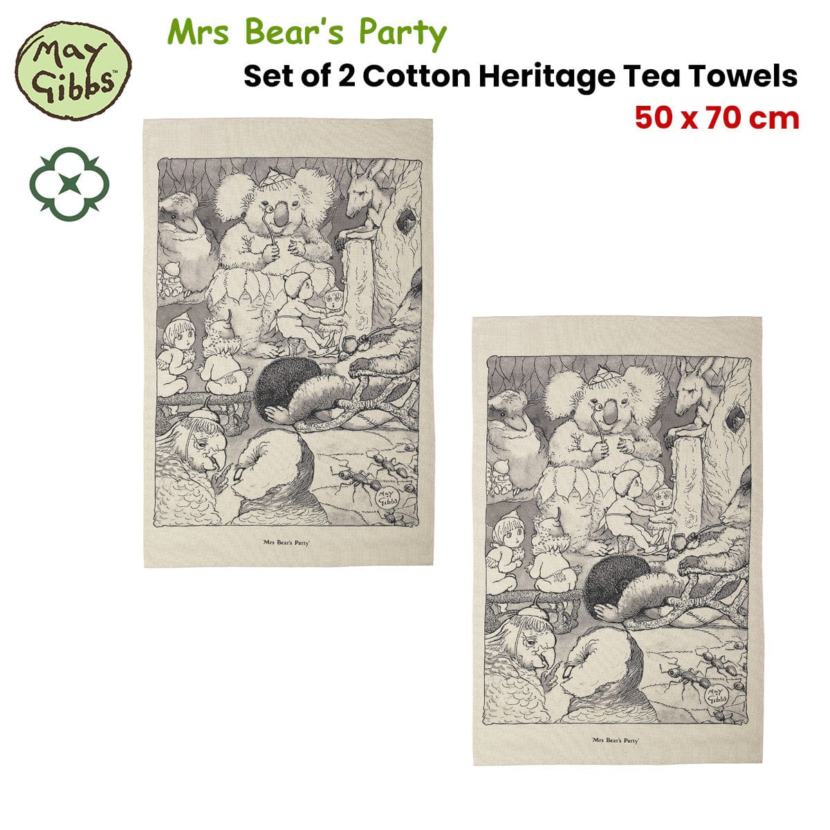 Spud Jax Petshop Set of 2 May Gibbs Mrs Bear's Party Cotton Heritage Tea Towels 50 x 70 cm Occasions > Christmas > Christmas Wreaths & Garlands