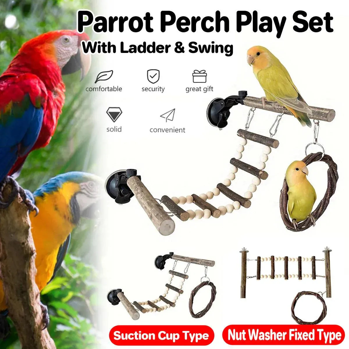 Spud Jax Petshop Wooden Parrot Stand Climbing Ladder Swing Toy for Birds Cage Play Accessories - Nut Washer Fixed Type Wooden Parrot Stand Climbing Ladder Swing Toy for Birds Cage Play Accessories - Nut Washer Fixed Type Pet Care > Bird > Bird Cage Accessories
