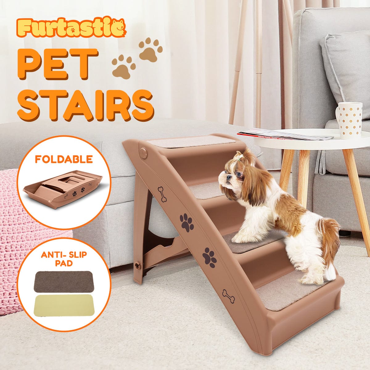 Spud Jax Petshop Furtastic 50cm Foldable Step Ladder Stairs - Brown Pet Care