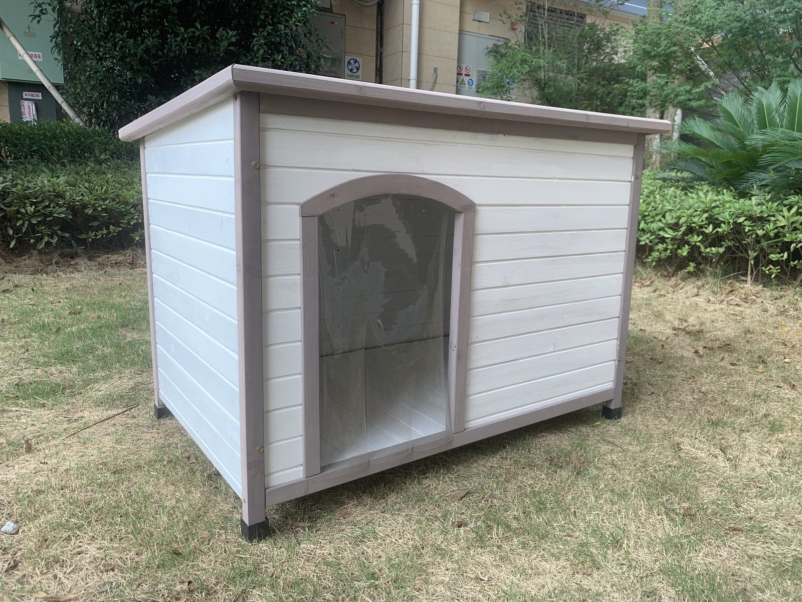 Spud Jax Petshop YES4PETS L Timber Pet Dog Kennel House Puppy Wooden Timber Cabin With Stripe White Pet Care